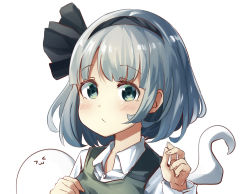 &gt; &lt;, 1girl, :/, bangs, black hairband, black ribbon, bob cut, closed mouth, collared shirt, commentary request, eyebrows visible through hair, face, green eyes, green vest, grey hair, hair ribbon, hairband, hand on own chest, hand up, highres, hitodama, konpaku youmu, konpaku youmu (ghost), looking at viewer, pegashi, ribbon, shirt, short hair, simple background, solo, touhou, upper body, vest, white background, white shirt, |3
