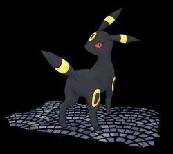 Rule 34 | animal focus, black background, commentary request, creatures (company), full body, game freak, gen 2 pokemon, looking at viewer, looking back, nintendo, no humans, omaru (wick moshi), pokemon, pokemon (creature), red eyes, solo, standing, tile floor, tiles, umbreon