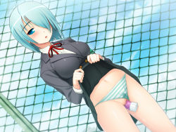 Rule 34 | 1girl, antenna hair, blue eyes, blue hair, blush, breasts, censored, clothes lift, clothing aside, day, discreet vibrator, exhibitionism, female masturbation, game cg, hair over one eye, kusakabe amaho, large breasts, masturbation, matching hair/eyes, mosaic censoring, navel, nitroplus, panties, panties aside, panty pull, public indecency, public vibrator, pussy, pussy juice, rooftop, school uniform, sex toy, short hair, skirt, skirt lift, solo, striped clothes, striped panties, sumaga, tsuji santa, underwear, vibrator, wet, wet clothes, wet panties