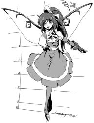 Rule 34 | 1girl, arm behind back, bow, daiyousei, dress, female focus, gloves, greyscale, hair bow, long hair, monochrome, neck ribbon, outstretched arm, pantyhose, ponytail, ribbon, smile, solo, embodiment of scarlet devil, touhou, wi-z garage, wings