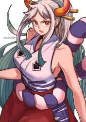 Rule 34 | 1girl, aosora2823, artist name, commentary request, earrings, green hair, hair ornament, hair stick, highres, hoop earrings, horns, jewelry, long hair, multicolored hair, multicolored horns, one piece, oni, oni horns, open mouth, orange eyes, ponytail, rope, shimenawa, simple background, solo, white background, white hair, yamato (one piece)