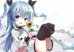 Rule 34 | 1girl, :d, ass, black ribbon, black thighhighs, blue eyes, blue hair, blush, boots, commentary request, dated, dress, fingernails, flower, hair between eyes, hair ribbon, head tilt, holding, holding flower, long hair, long sleeves, looking at viewer, neki (wakiko), noel (sora no method), open mouth, own hands together, ribbon, round teeth, sleeves past wrists, smile, solo, sora no method, sunflower, teeth, thighhighs, twitter username, two side up, upper teeth only, very long hair, white dress, white footwear, yellow flower