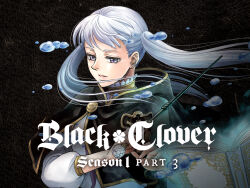 Rule 34 | 1girl, aura, black bulls (emblem), black capelet, black clover, blackletter, blue aura, book, breasts, capelet, copyright name, cover, dvd cover, earrings, floating, floating book, floating object, grey hair, grimoire, hair ribbon, half-closed eyes, highres, holding, holding wand, hydrokinesis, jewelry, long hair, looking ahead, medium breasts, noelle silva, official art, purple eyes, ribbon, short hair, solo, tabata yuuki, twintails, upper body, wand, water
