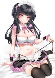 Rule 34 | 1girl, absurdres, apron, bed sheet, black hair, black panties, black skirt, blunt bangs, blush, bow, bowtie, breasts, brown thighhighs, cleavage, commentary, detached collar, frilled apron, frilled skirt, frills, garter straps, hair ornament, heart, heart hair ornament, highres, holding strap, idolmaster, idolmaster shiny colors, large breasts, long hair, maid headdress, mayuzumi fuyuko, navel, no shoes, on bed, panties, parted lips, pink bow, pink bowtie, side-tie panties, simple background, sitting, skirt, solo, stomach, thighhighs, two side up, underwear, untied panties, white apron, white background, wrist cuffs, yellow eyes, yukineko1018
