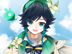 Rule 34 | 1boy, androgynous, beret, black hair, blue hair, bow, braid, brooch, cloud, cloudy sky, collared cape, collared shirt, day, flower, gem, genshin impact, gradient hair, green eyes, green hat, hat, hat flower, highres, holding, holding flower, jewelry, leaf, looking at viewer, male focus, multicolored hair, seelie (genshin impact), shirt, short hair with long locks, side braids, sidelocks, sky, smile, solo, twin braids, venti (genshin impact), white flower, white shirt, xzorq