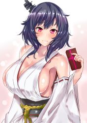 Rule 34 | 10s, 1girl, black hair, breasts, chocolate, cleavage, closed mouth, collarbone, commentary request, detached sleeves, eyebrows, hair ornament, highres, huge breasts, kantai collection, looking at viewer, messy hair, red eyes, sankakusui, shiny skin, short hair, sideboob, solo, valentine, yamashiro (kancolle)