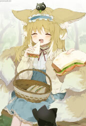 Rule 34 | 1girl, animal ears, arknights, artist name, basket, black cat, blonde hair, blue hairband, blue skirt, blush, cardigan, cat, closed eyes, commentary request, facing viewer, food, fox ears, fox girl, fox tail, frilled hairband, frills, hair ornament, hair scrunchie, hairband, heixiu, holding, holding food, kitsune, kyuubi, long hair, long sleeves, luo xiaohei, multicolored hair, multiple tails, neck ribbon, official alternate costume, on head, open cardigan, open clothes, open mouth, outdoors, partial commentary, picnic, puffy long sleeves, puffy sleeves, red ribbon, ribbon, sandwich, scrunchie, shirt, skirt, sleeve cuffs, solo, stitches, suzuran (arknights), suzuran (spring praise) (arknights), tail, teeth, luo xiaohei zhanji, twitter username, two-tone hair, unitedunti, upper teeth only, white hair, white shirt, yellow cardigan