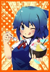 Rule 34 | 1girl, :p, :q, ;q, absurdres, bad id, bad pixiv id, blue eyes, blue hair, cirno, food, highres, ice cream, matching hair/eyes, one eye closed, rokushou kokuu, short hair, solo, spork, embodiment of scarlet devil, tongue, tongue out, touhou, wink