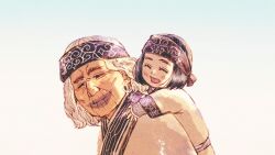 Rule 34 | 2girls, aged down, ainu, ainu clothes, asirpa, bandana, black hair, carrying, child, closed eyes, closed mouth, earrings, facial tattoo, facing back, golden kamuy, gradient background, grey hair, highres, hoop earrings, huci, jewelry, long sleeves, medium hair, mudi mudi, multiple girls, old, old woman, open mouth, piggyback, robe, short hair, sidelighting, smile, tattoo, tekunpe, upper body, wavy hair, white background, white robe, wrinkled skin
