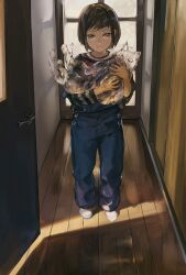 Rule 34 | 1other, absurdres, androgynous, animal, black shirt, blue overalls, bob cut, brown eyes, brown hair, cat, child, closed mouth, door, fantasy, hallway, hataya, highres, holding, holding animal, holding cat, indoors, looking at viewer, making-of available, original, overalls, shirt