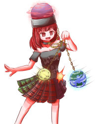 Rule 34 | 1girl, bare legs, bare shoulders, breasts, chain, choker, clacker, cleavage, commentary request, earth (ornament), gold chain, hecatia lapislazuli, highres, long hair, moon (ornament), no nose, off-shoulder shirt, off shoulder, open mouth, peroponesosu., plaid, plaid skirt, red eyes, red hair, shirt, simple background, skirt, smile, solo, touhou, white background