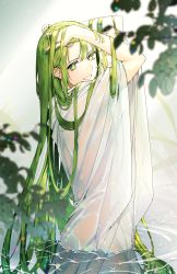 Rule 34 | absurdres, androgynous, blurry, depth of field, edagerion, enkidu (fate), fate (series), gender request, green eyes, green hair, grin, hands in hair, highres, looking at viewer, other focus, robe, see-through, smile, solo, water, wet, wet clothes, wet hair