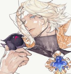 Rule 34 | 1boy, blue eyes, brooch, closed mouth, cookie run, facial mark, forehead mark, hand up, heterochromia, highres, jewelry, male focus, pigeon666, portrait, pure vanilla cookie, simple background, solo, turtleneck, white background, yellow eyes