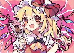 1girl :d ascot black_bow blonde_hair blush bow collared_shirt doughnut fang flandre_scarlet food frilled_shirt_collar frills hat hat_bow heart heart-shaped_pupils highres holding holding_tongs kyouda_suzuka long_hair looking_at_viewer mob_cap one_side_up open_mouth red_bow red_eyes red_vest safety_pin shirt smile solo symbol-shaped_pupils tongs touhou twitter_username upper_body vest white_hat white_shirt wings wrist_cuffs yellow_ascot