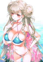 Rule 34 | 1girl, absurdres, ahoge, azur lane, bare arms, bare shoulders, bikini, bikini tan, blue bikini, blush, braid, braided bun, breasts, choker, collarbone, cowboy shot, criss-cross halter, double bun, feather boa, finger to own chin, formidable (azur lane), formidable (the lady of the beach) (azur lane), gradient background, groin, hair between eyes, hair bun, halterneck, hand up, highres, large breasts, long hair, mirei, navel, parted lips, pink choker, red eyes, scan, scan artifacts, silver hair, single thighhigh, solo, standing, stomach, swimsuit, tan, tanline, thighhighs, thighs, twin braids, twintails, very long hair, water, white background, white thighhighs