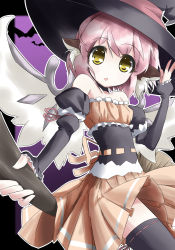 Rule 34 | 1girl, animal ears, bad id, bad pixiv id, bare shoulders, black thighhighs, broom, broom riding, female focus, flat chest, halloween, hat, highres, mystia lorelei, pink hair, short hair, skirt, solo, thighhighs, touhou, urimono, wings, witch hat, yellow eyes