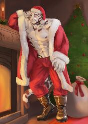 Rule 34 | 1boy, abs, absurdres, alternate costume, arknights, bara, bare pectorals, bulge, christmas, christmas ornaments, christmas stocking, christmas tree, coat, come hither, er jia geng xi, fireplace, furry, furry male, gift, hat, highres, large pectorals, looking at viewer, male focus, mountain (arknights), muscular, muscular male, navel, nipples, open clothes, open coat, pants, pectorals, red hat, rug, santa costume, santa hat, scar, scar across eye, short hair, solo, standing, stomach, thick eyebrows, tiger boy