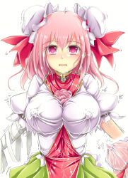 Rule 34 | 1girl, bandages, between breasts, blush, breasts, bun cover, chinese clothes, covered erect nipples, double bun, female focus, flower, hair bun, highres, ibaraki kasen, ichirino minagi, large breasts, open mouth, pink eyes, pink hair, puffy sleeves, short hair, short sleeves, simple background, skirt, solo, tabard, touhou, white background