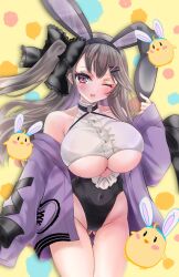 1girl ;d animal_ears azur_lane bare_shoulders black_bow black_hairband blush bow breasts brown_hair clothes_pull clothing_cutout covered_navel fake_animal_ears gluteal_fold groin hair_between_eyes hair_bow hair_ornament hairband hairclip hand_up highres hip_focus huge_breasts jacket jacket_pull large_breasts long_hair looking_at_viewer mupo off_shoulder one_eye_closed open_clothes open_jacket open_mouth pamiat_merkuria_(azur_lane) pink_eyes purple_jacket rabbit_ears revealing_clothes side_ponytail skin_tight smile solo thigh_gap thighs two-tone_leotard underboob_cutout very_long_hair x_hair_ornament