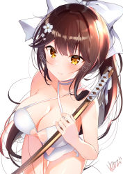 Rule 34 | 1girl, absurdres, azur lane, bare arms, bare shoulders, bokken, bow, breasts, brown eyes, brown hair, cherry blossoms, choker, cleavage, closed mouth, commentary request, cowboy shot, criss-cross halter, flower, frown, hair bow, hair flower, hair ornament, halterneck, heart, highres, holding, holding sword, holding weapon, large breasts, long hair, looking at viewer, nenobi (nenorium), one-piece swimsuit, ponytail, simple background, solo, standing, swimsuit, sword, takao (azur lane), takao (beach rhapsody) (azur lane), very long hair, weapon, white background, white bow, white one-piece swimsuit, wooden sword