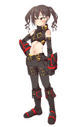 Rule 34 | .hack//, .hack//g.u., 1girl, bare shoulders, black footwear, black gloves, black hair, black pants, black shirt, blush, boots, breasts, brown eyes, closed mouth, cosplay, crop top, elbow gloves, eyebrows hidden by hair, full body, gloves, hair between eyes, hand on own hip, haseo (.hack//), haseo (.hack//) (cosplay), idolmaster, idolmaster cinderella girls, mole, mole under eye, navel, pants, shirt, simple background, sleeveless, sleeveless shirt, small breasts, solo, standing, sunazuka akira, twintails, uccow, v-shaped eyebrows, white background