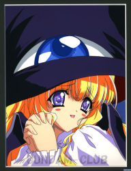 Rule 34 | 00s, 1girl, blonde hair, blue eyes, blush, blush stickers, carnelian, own hands clasped, hat, lilith (yamibou), long hair, looking to the side, nishida asako, own hands together, purple eyes, shirt, smile, solo, upper body, white shirt, witch hat, yami to boushi to hon no tabibito