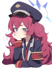 Rule 34 | 1girl, armband, black ribbon, black shirt, blouse, blue archive, blush, hair ribbon, halo, hand on own chin, hat, highres, iroha (blue archive), jacket, looking at viewer, military, military hat, military jacket, military uniform, necktie, red hair, red necktie, ribbon, safety pin, shirt, simple background, solo, supershiruco, uniform, white background