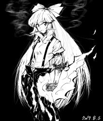 Rule 34 | 1girl, absurdres, black background, bow, burnt clothes, cigarette, commentary request, dated, feet out of frame, flaming hand, fujiwara no mokou, greyscale, hair bow, hand in pocket, highres, long hair, looking at viewer, monochrome, pants, sen (daydream 53), shirt, simple background, smoke, smoking, solo, suspenders, touhou, white shirt
