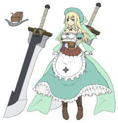 Rule 34 | 10s, 1girl, apron, aqua eyes, bag, bare shoulders, belt, blonde hair, blush, boots, breasts, character sheet, cleavage, cross-laced footwear, detached collar, detached sleeves, dress, female focus, flat color, full body, gloves, green dress, green ribbon, hat, hat ribbon, huge weapon, katagiri (a1466502), lace-up boots, long hair, looking at viewer, medium breasts, puffy short sleeves, puffy sleeves, ribbon, senran kagura, short sleeves, shuriken, shuriken print, simple background, solo, waist apron, weapon, white background, white gloves, yomi (senran kagura)
