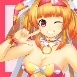Rule 34 | 1girl, ;), beatmania, beatmania iidx, breasts, choker, cleavage, grin, hair ornament, hat, jester cap, ki no rapika, km (km517), one eye closed, orange hair, pointing, pointing at self, purple eyes, short hair, smile, solo, strapless, twintails, upper body