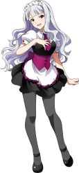 Rule 34 | 10s, 1girl, apron, blush, corset, full body, idolmaster, idolmaster (classic), idolmaster 2, long hair, looking at viewer, maid, maid apron, maid headdress, mary janes, necktie, official art, open mouth, pantyhose, purple eyes, shijou takane, shoes, smile, solo, transparent background, wavy hair, white hair
