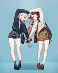 Rule 34 | 2girls, :3, :d, absurdres, aqua background, bag, black bow, black footwear, black sweater, blue shorts, blue socks, bow, brown footwear, brown hair, brown skirt, clothes writing, full body, grey hair, hair bow, hakase fuyuki, heart, heart arms, heart arms duo, high-waist shorts, high-waist skirt, highres, holding hands, kneehighs, leaning to the side, long hair, long sleeves, looking at viewer, miniskirt, multicolored hair, multiple girls, nijisanji, ninahachi, open mouth, pink hair, plaid, plaid shorts, plaid skirt, platform footwear, red eyes, shoes, shorts, shoulder bag, sidelocks, simple background, skirt, sleeves past wrists, smile, socks, standing, streaked hair, sweater, twintails, twitter username, two-tone hair, very long hair, virtual youtuber, white bow, white socks, white sweater, yorumi rena