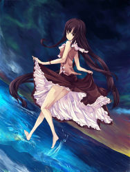 Rule 34 | 1girl, barefoot, brown eyes, brown hair, clothes lift, dutch angle, female focus, full body, hide38, highres, houraisan kaguya, legs, long hair, looking at viewer, looking back, skirt, skirt lift, sky, solo, standing, standing on liquid, touhou, very long hair, wading, walking, walking on liquid, water