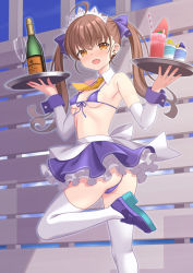 Rule 34 | 1girl, 2022, ahoge, aoi masami, bikini, blue skirt, breasts, brown eyes, brown hair, champagne bottle, cup, detached collar, drinking glass, drinking straw, food, fruit, holding, holding tray, looking at viewer, maid, maid headdress, micro bikini, necktie, open mouth, original, shoes, skirt, smile, standing, standing on one leg, swimsuit, thighhighs, tray, twintails, watermelon, white thighhighs, wine glass, yellow necktie