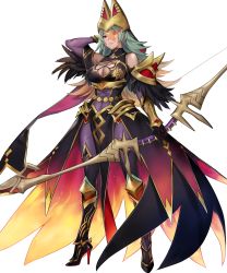 Rule 34 | 1girl, armor, armored boots, bare shoulders, bodysuit, boots, bow (weapon), breasts, cleavage, dark-skinned female, dark skin, earrings, feather trim, female focus, fire, fire emblem, fire emblem heroes, flaming eye, full body, gloves, gold trim, gradient clothes, gradient hair, green eyes, hat, high heels, highres, holding, holding bow (weapon), holding weapon, jewelry, laegjarn (fire emblem), large breasts, lips, long hair, multicolored hair, nintendo, official art, orange hair, p-nekor, pantyhose, pelvic curtain, purple bodysuit, red eyes, shiny clothes, shoulder armor, sleeveless, solo, transparent background, two-tone hair, weapon