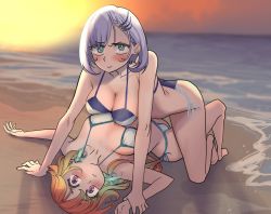 Rule 34 | 2girls, all fours, barefoot, beach, bikini, blurry, blurry background, blush, braid, braided bangs, breast press, breasts, cleavage, closed mouth, cloud, earrings, feather earrings, feathers, frown, gradient hair, green hair, hair ornament, hanging breasts, highres, holding another&#039;s wrist, hololive, hololive english, hololive indonesia, jewelry, large breasts, long hair, looking at viewer, lying, multicolored hair, multiple girls, ocean, on back, orange hair, outdoors, pavolia reine, pink hair, sand, shadow, short hair, sky, swimsuit, symmetrical docking, takanashi kiara, virtual youtuber, water, yuri, zedd (zedgawr)