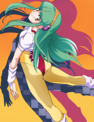 Rule 34 | 1girl, ass, breasts, brown eyes, character request, closed mouth, feet out of frame, green hair, haruyama kazunori, long hair, looking at viewer, small breasts, smile, solo, unitard