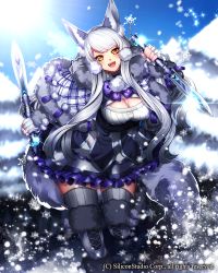 Rule 34 | 1girl, :d, animal ears, boots, breasts, cleavage, cleavage cutout, clothing cutout, dress, dual wielding, fingerless gloves, gloves, grey thighhighs, gyakushuu no fantasica, holding, holding sword, holding weapon, huge breasts, katagiri hachigou, long hair, looking at viewer, official art, open mouth, silver hair, smile, snow, solo, sword, teeth, thigh boots, thighhighs, tree, weapon, yellow eyes