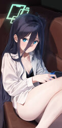 Rule 34 | 1girl, absurdly long hair, absurdres, aris (blue archive), ass, black hair, black hairband, blue archive, blue eyes, blush, breasts, closed mouth, collarbone, couch, green halo, hairband, halo, handheld game console, highres, holding, holding handheld game console, long hair, looking at viewer, not forever2w, one side up, open clothes, open shirt, shirt, signature, sitting, small breasts, smile, solo, thighs, very long hair, white shirt