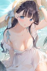Rule 34 | absurdres, arm up, armpits, bare shoulders, black hair, blue eyes, blush, bra, breasts, brown hair, cleavage, collarbone, dress, frilled dress, frilled sleeves, frills, hand up, hat, hat ribbon, highres, kinako (shiratama mochi), lips, medium breasts, ocean, open mouth, original, panties, ribbon, see-through, solo, sundress, sweat, sweatdrop, underwear, water, water drop, waves, waving, wet, wet clothes, wet dress, white dress, wrinkled fabric