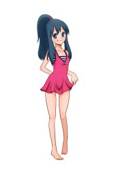 Rule 34 | 1girl, :p, arm behind back, blue eyes, blue hair, clothes lift, creatures (company), dawn (pokemon), full body, game freak, long hair, looking at viewer, mikeko (neko19920311), nintendo, one-piece swimsuit, pink one-piece swimsuit, pokemon, pokemon (anime), pokemon dppt (anime), pokemon: arceus and the jewel of life, ponytail, skirt, skirt lift, solo, swimsuit, swimsuit skirt, tongue, tongue out
