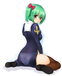Rule 34 | akamaru, blush, bow, frown, green hair, hair bow, looking back, lowres, panties, pink eyes, priest, priest (ragnarok online), ragnarok online, see-through, sitting, solo, thigh gap, thighhighs, thighs, twintails, underwear, wariza, white panties