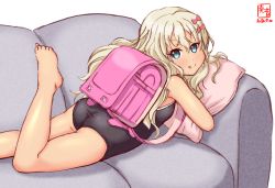 Rule 34 | 1girl, artist logo, ass, backpack, bag, barefoot, black one-piece swimsuit, blonde hair, blue eyes, bow, commentary request, competition school swimsuit, couch, dated, grecale (kancolle), hair ornament, hairclip, kanon (kurogane knights), kantai collection, long hair, looking at viewer, lying, on stomach, one-piece swimsuit, pillow, pink bow, randoseru, school swimsuit, simple background, solo, swimsuit, tan, wavy hair, white background