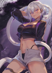 Rule 34 | 1girl, animal, black jacket, black panties, breasts, choker, commentary request, cropped jacket, hair between eyes, highres, jacket, large breasts, looking at viewer, mashuu (neko no oyashiro), navel, open clothes, open jacket, open shorts, panties, purple eyes, r project, reptile, short shorts, shorts, snake, solo, thigh strap, tongue, tongue out, underwear, virtual youtuber, white hair, white snake, yatono levi