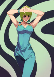 Rule 34 | 1girl, absurdres, armpits, arms up, blue eyes, breasts, closed mouth, foo fighters (jojo), green hair, hands on own head, highres, ibaraki shun, jojo no kimyou na bouken, lips, lipstick, makeup, medium breasts, overalls, red lips, stone ocean