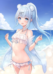 Rule 34 | 1girl, animal ears, bangle, bare shoulders, beach, bear ears, bikini, blue eyes, blue hair, bracelet, breasts, cowboy shot, day, extra ears, frilled bikini, frills, hair ornament, hairclip, hands up, highres, indie virtual youtuber, jacket, jewelry, kirifrog, long hair, looking at viewer, navel, necklace, off shoulder, open clothes, open jacket, open mouth, outdoors, ponytail, see-through, sidelocks, small breasts, smile, solo, standing, stomach, string bikini, swimsuit, thighs, virtual youtuber, white bikini