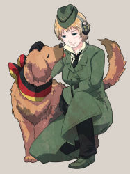 Rule 34 | 27, axis powers hetalia, boots, dog, gender request, genderswap, germany (hetalia), gloves, grey background, hand on another&#039;s head, hat, headpat, headset, necktie, on one knee, simple background, smile, tail, tongue, uniform