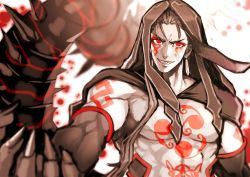 Rule 34 | 1boy, arm tattoo, bare pectorals, chest tattoo, cu chulainn (fate), cu chulainn (fate) (all), cu chulainn (fate/stay night), cu chulainn alter (fate), cu chulainn alter (fate/grand order), earrings, elbow gloves, facepaint, fate/grand order, fate (series), gloves, grin, hair over shoulder, hair strand, hood, hood up, jewelry, lancer, limited palette, long hair, looking at viewer, male focus, monster boy, muscular, outstretched hand, pectorals, quyo94, red eyes, smile, solo, tail, tattoo, upper body