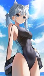Rule 34 | 1girl, absurdres, animal ears, bag, black one-piece swimsuit, blue archive, blue eyes, breasts, chabi, closed mouth, commission, competition swimsuit, covered navel, cowboy shot, duffel bag, extra ears, fox ears, grey hair, hair ornament, highleg, highleg swimsuit, highres, long hair, looking at viewer, medium breasts, mismatched pupils, no halo, one-piece swimsuit, ponytail, shiroko (blue archive), shiroko (swimsuit) (blue archive), shoulder bag, sidelocks, sky, solo, standing, swimsuit, taut clothes, taut swimsuit, thighs