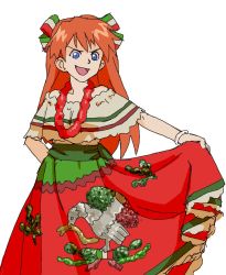 Rule 34 | 1girl, bare shoulders, blue eyes, facing viewer, feet out of frame, feliz jueves, female focus, looking at viewer, meme, mexican clothes, mexican dress, mexico, neon genesis evangelion, orange hair, pantsu-ripper, souryuu asuka langley, standing, tagme, white background